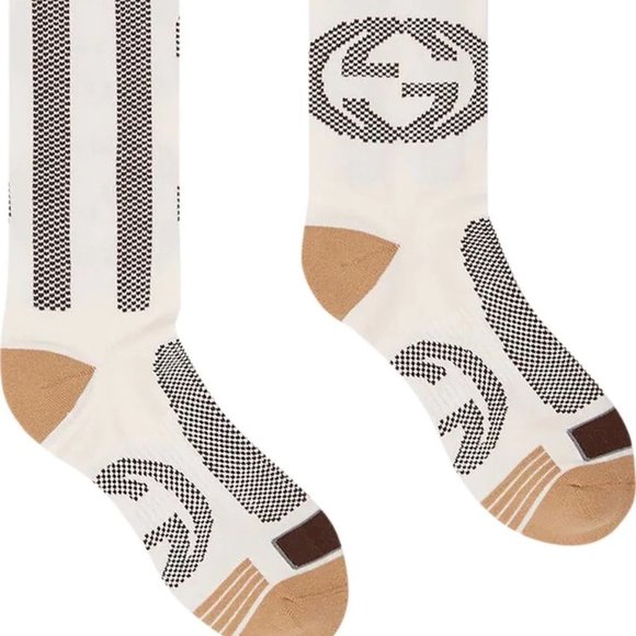 Gucci Interlocking GG Houndstooth Knee High Sock in Neutral Tones - Picture 1 of 7